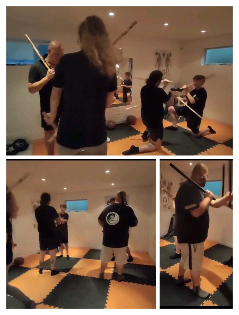 a collage of people holding swords